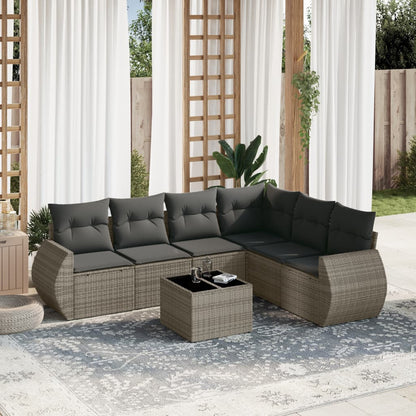 Salon de jardin avec coussins 7 pcs gris résine tressée