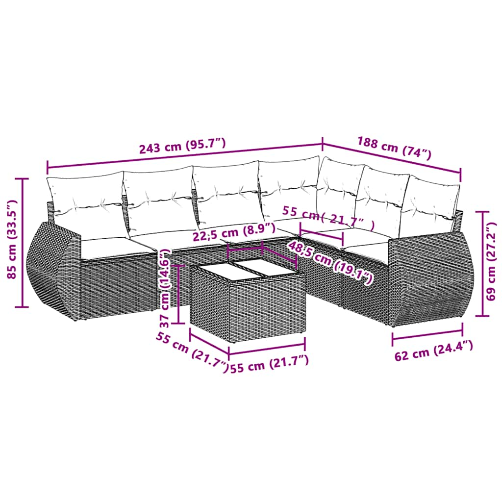 Salon de jardin avec coussins 7 pcs gris clair résine tressée