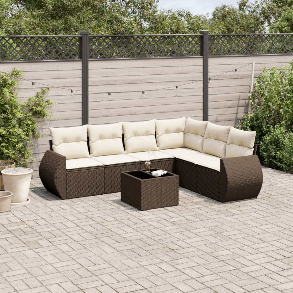 Salon de jardin avec coussins 7 pcs marron résine tressée