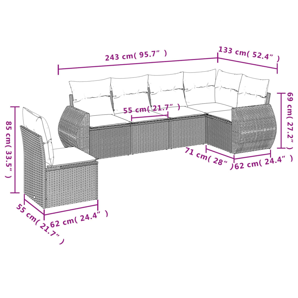 Salon de jardin avec coussins 6 pcs marron résine tressée