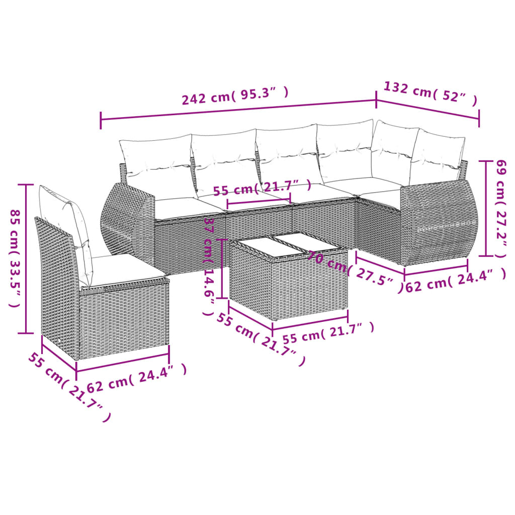 Salon de jardin avec coussins 7 pcs beige résine tressée