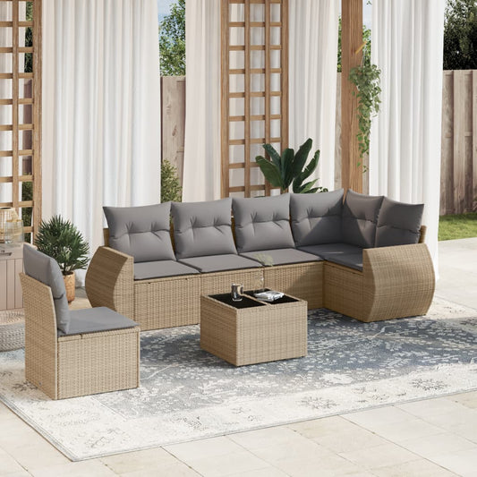 Salon de jardin avec coussins 7 pcs beige résine tressée