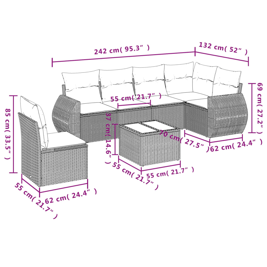 Salon de jardin avec coussins 7 pcs gris résine tressée