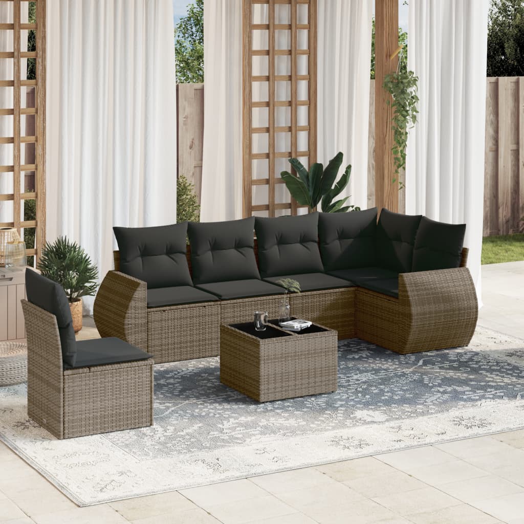 Salon de jardin avec coussins 7 pcs gris résine tressée