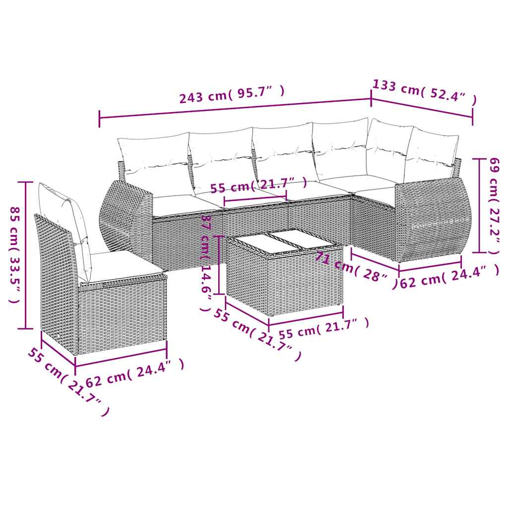 Salon de jardin avec coussins 7 pcs gris clair résine tressée