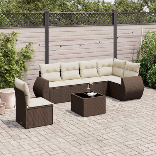 Salon de jardin avec coussins 7 pcs marron résine tressée