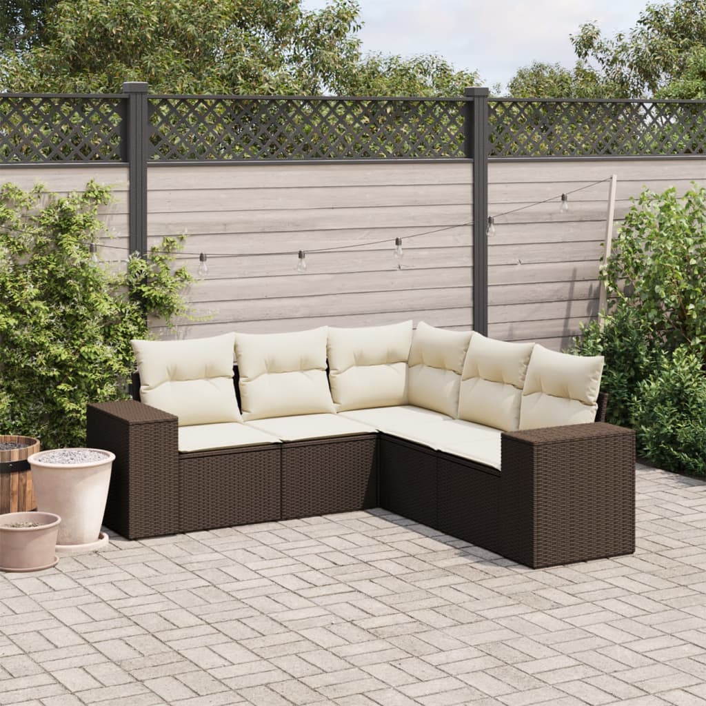 Salon de jardin avec coussins 5 pcs marron résine tressée