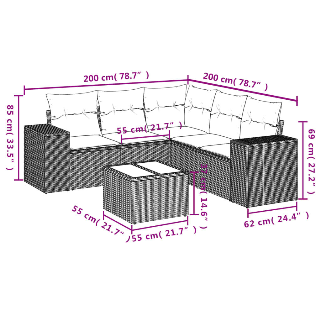 Salon de jardin 6 pcs avec coussins noir résine tressée