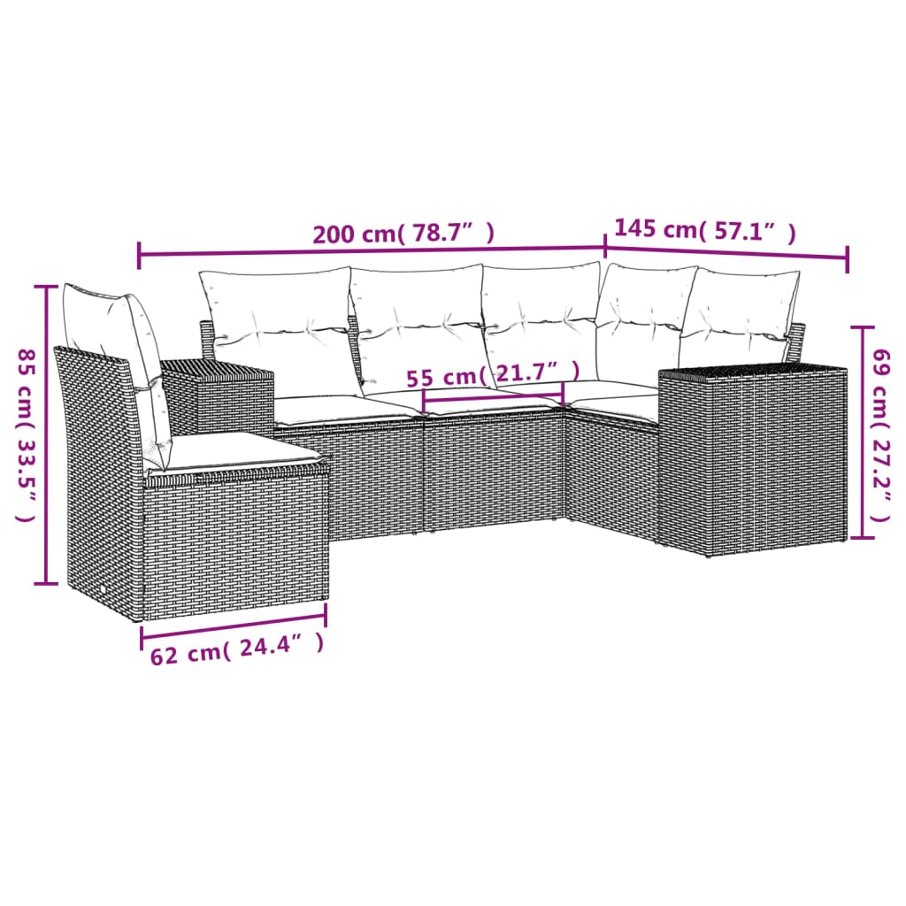 Salon de jardin avec coussins 5 pcs marron résine tressée