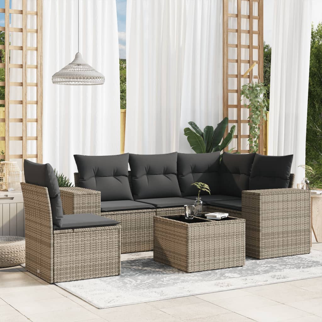 Salon de jardin 6 pcs avec coussins gris résine tressée