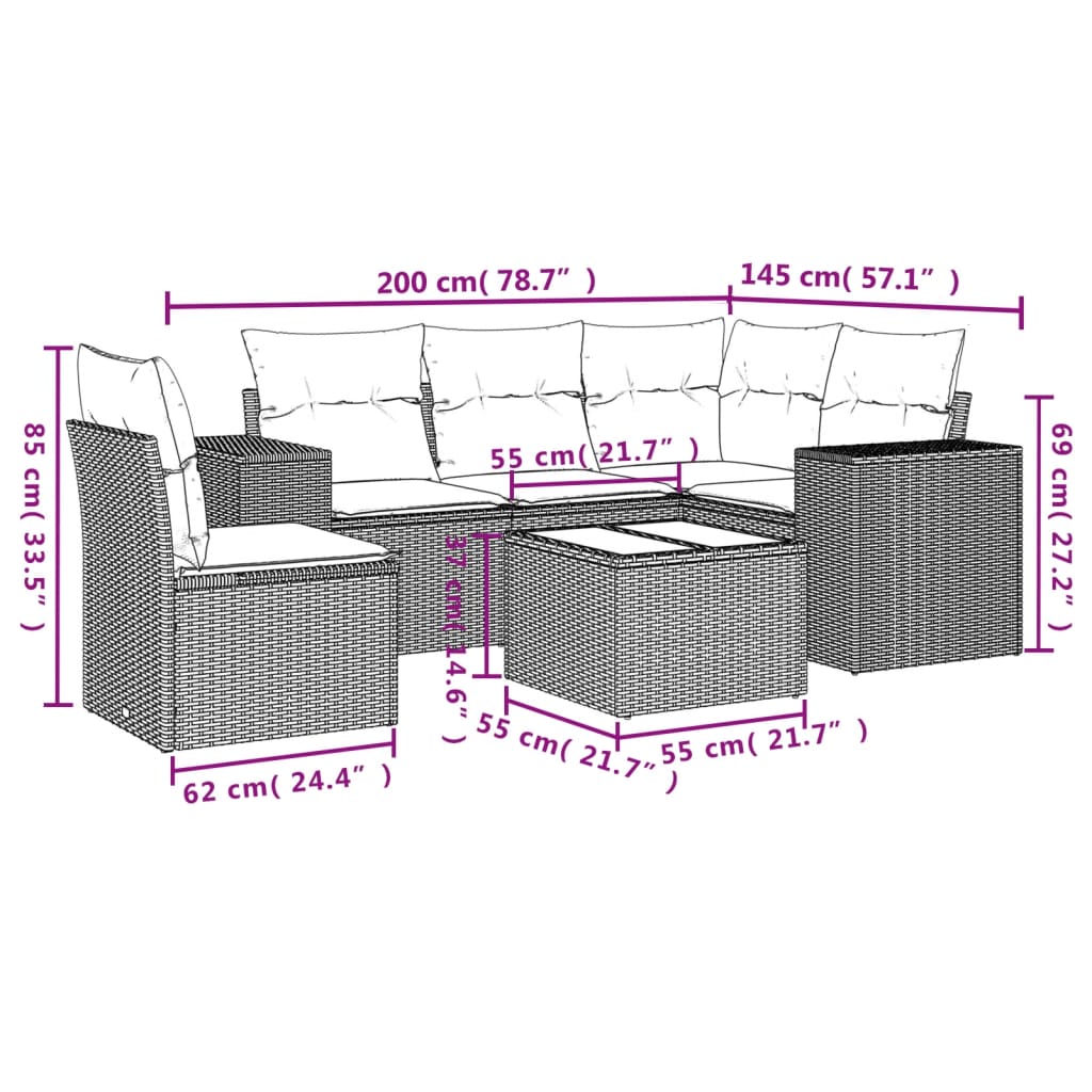 Salon de jardin avec coussins 6 pcs marron résine tressée