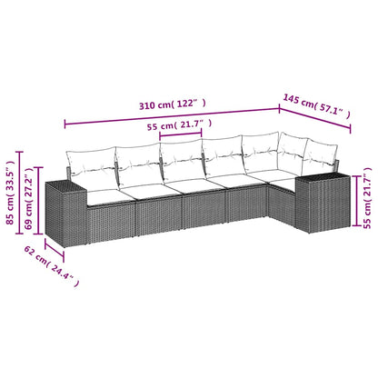 Salon de jardin avec coussins 6 pcs marron résine tressée