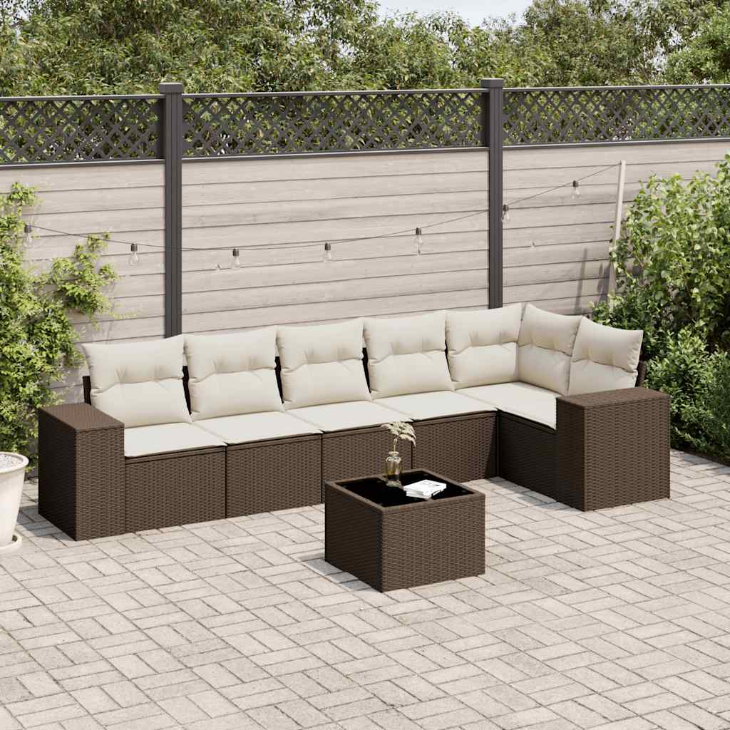 Salon de jardin avec coussins 7 pcs marron résine tressée