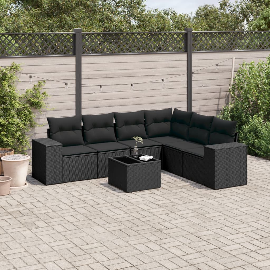 Salon de jardin 7 pcs avec coussins noir résine tressée