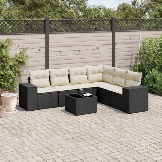 Salon de jardin 7 pcs avec coussins noir résine tressée