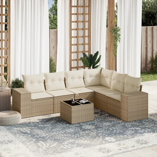 Salon de jardin avec coussins 7 pcs beige résine tressée