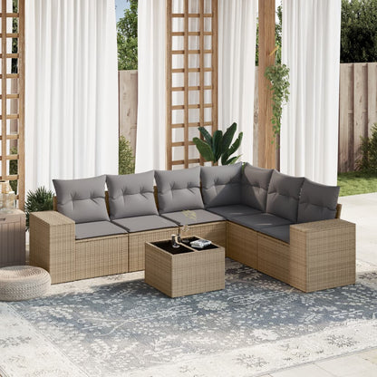 Salon de jardin avec coussins 7 pcs beige résine tressée