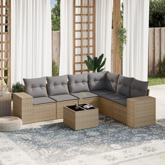 Salon de jardin avec coussins 7 pcs beige résine tressée