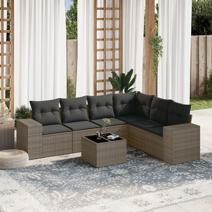 Salon de jardin avec coussins 7 pcs gris résine tressée