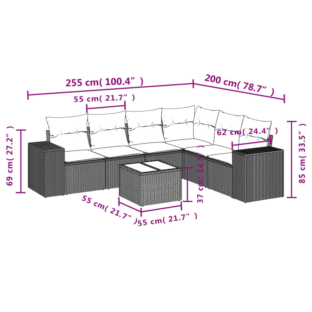 Salon de jardin avec coussins 7 pcs marron résine tressée