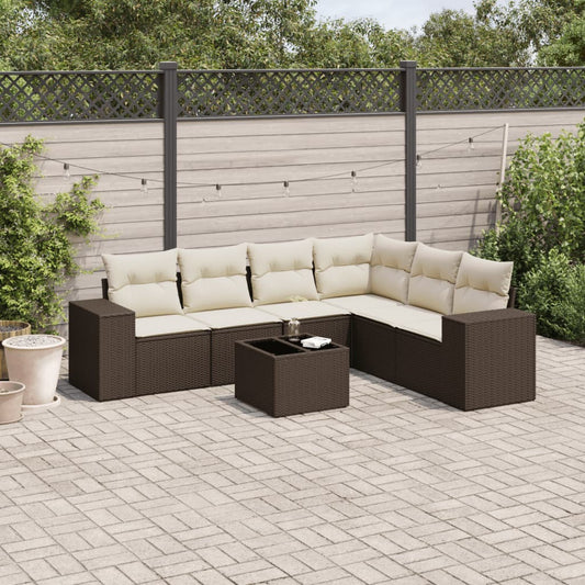 Salon de jardin avec coussins 7 pcs marron résine tressée