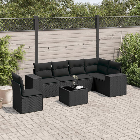 Salon de jardin 7 pcs avec coussins noir résine tressée