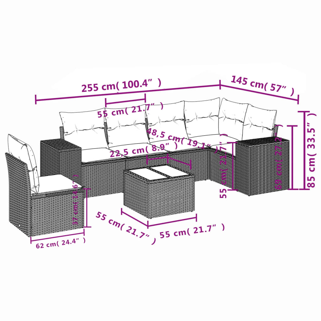 Salon de jardin avec coussins 7 pcs marron résine tressée