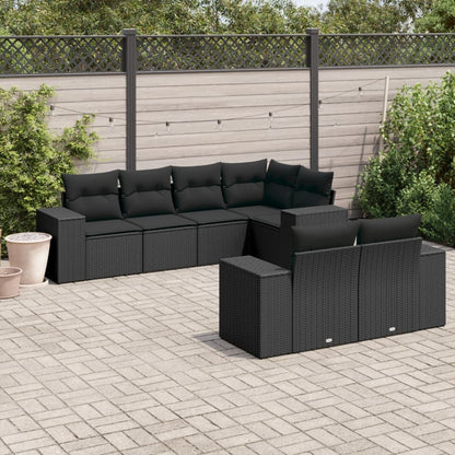 Salon de jardin 7 pcs avec coussins noir résine tressée