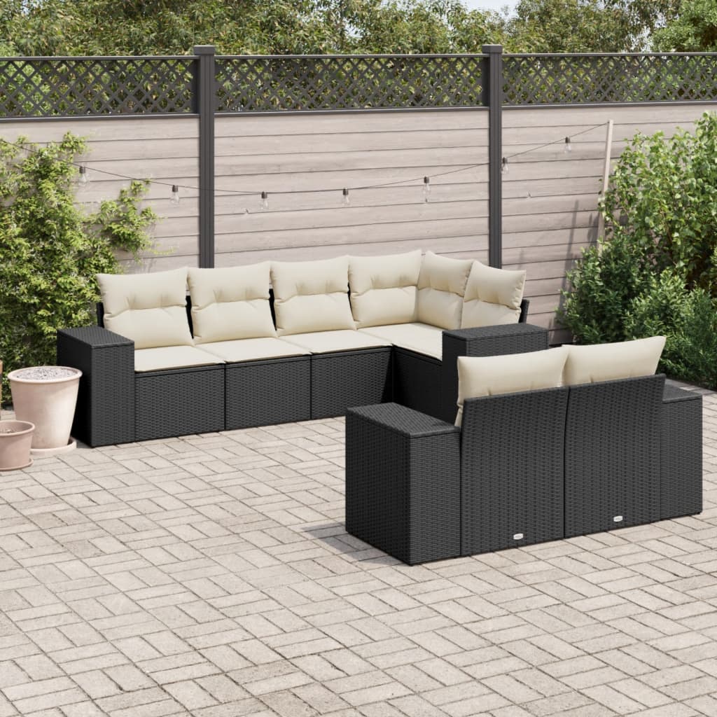 Salon de jardin 7 pcs avec coussins noir résine tressée