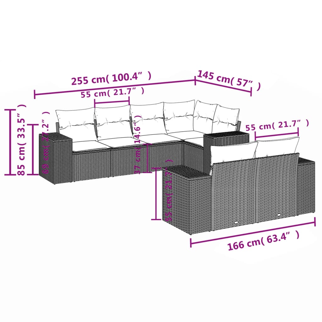 Salon de jardin avec coussins 7 pcs gris résine tressée