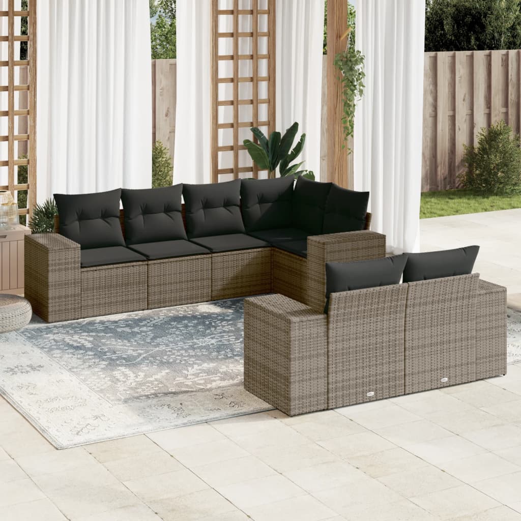 Salon de jardin avec coussins 7 pcs gris résine tressée