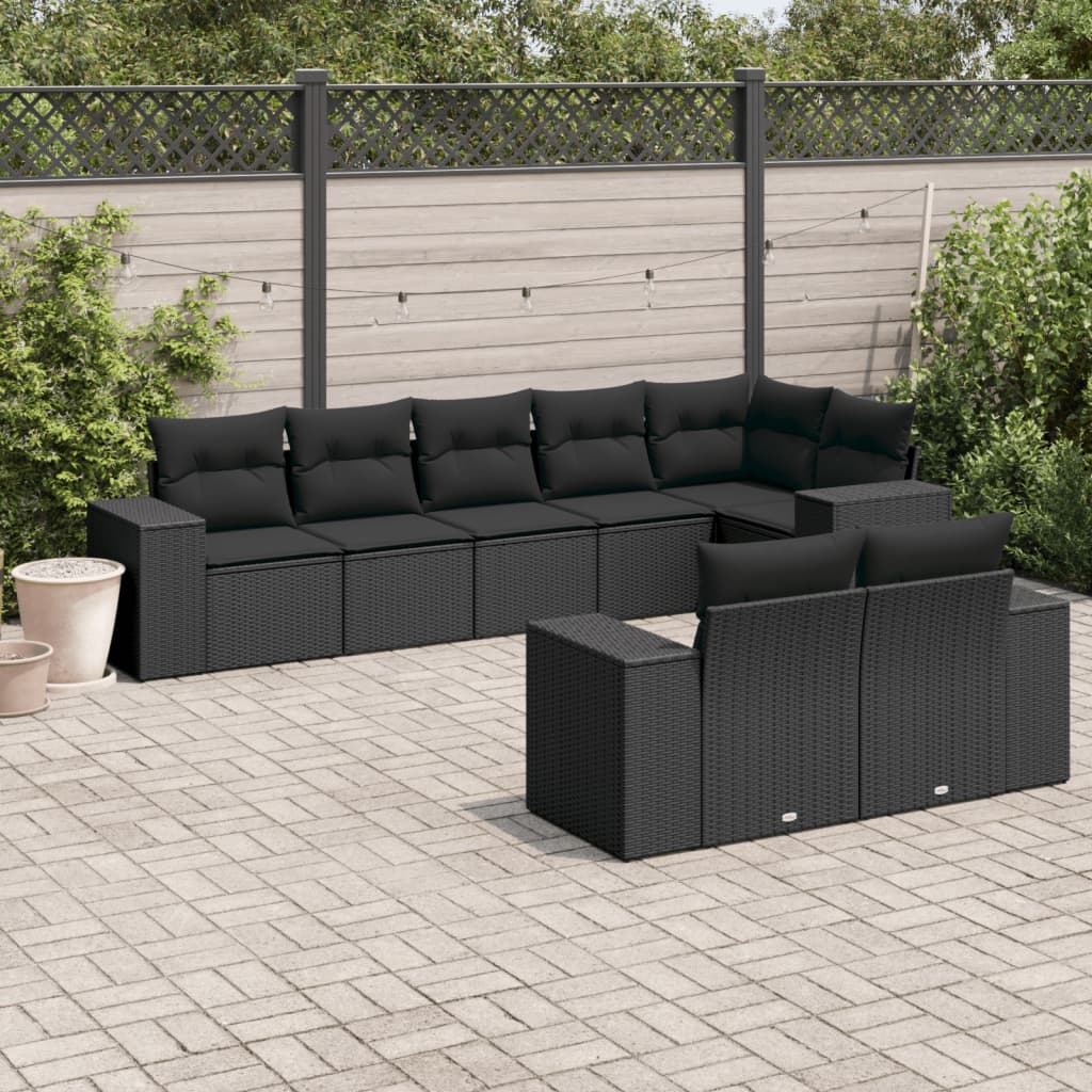 Salon de jardin 8 pcs avec coussins noir résine tressée