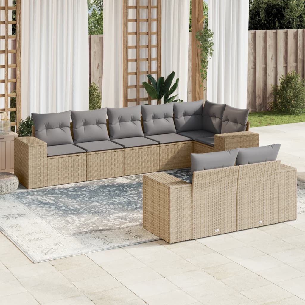 Salon de jardin avec coussins 8 pcs beige résine tressée