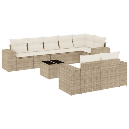 Salon de jardin avec coussins 9 pcs beige résine tressée