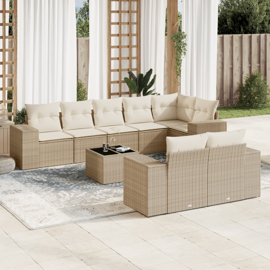 Salon de jardin avec coussins 9 pcs beige résine tressée