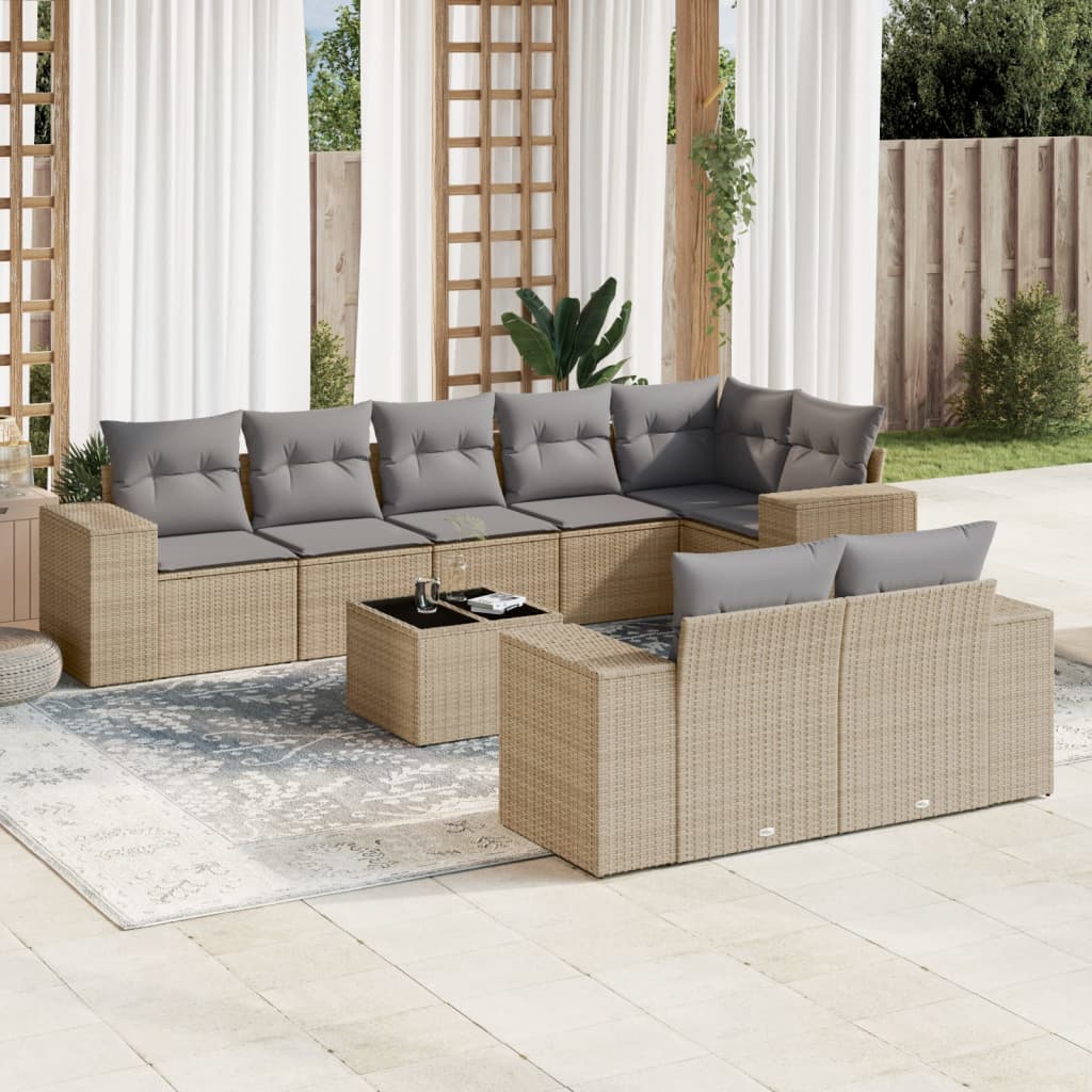 Salon de jardin avec coussins 9 pcs beige résine tressée