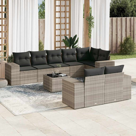 Salon de jardin 9 pcs avec coussins gris clair résine tressée