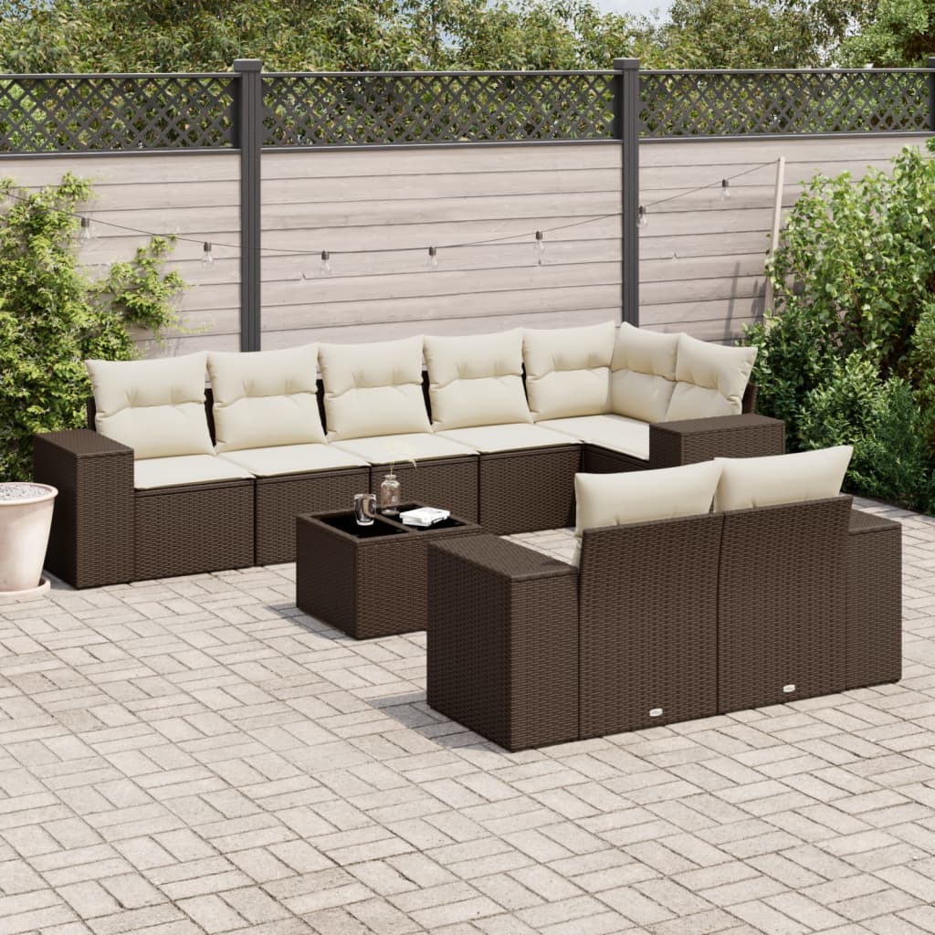 Salon de jardin avec coussins 9 pcs marron résine tressée