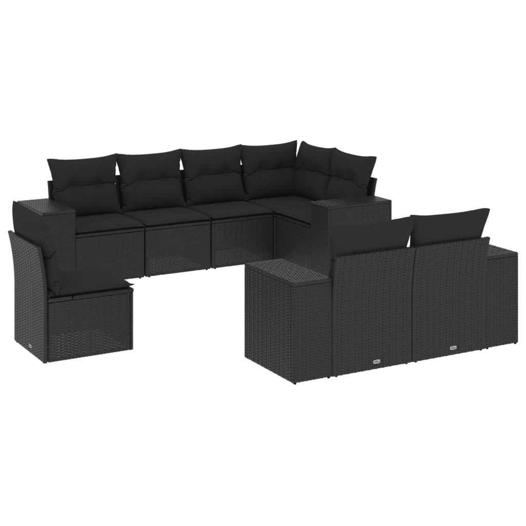 Salon de jardin 8 pcs avec coussins noir résine tressée