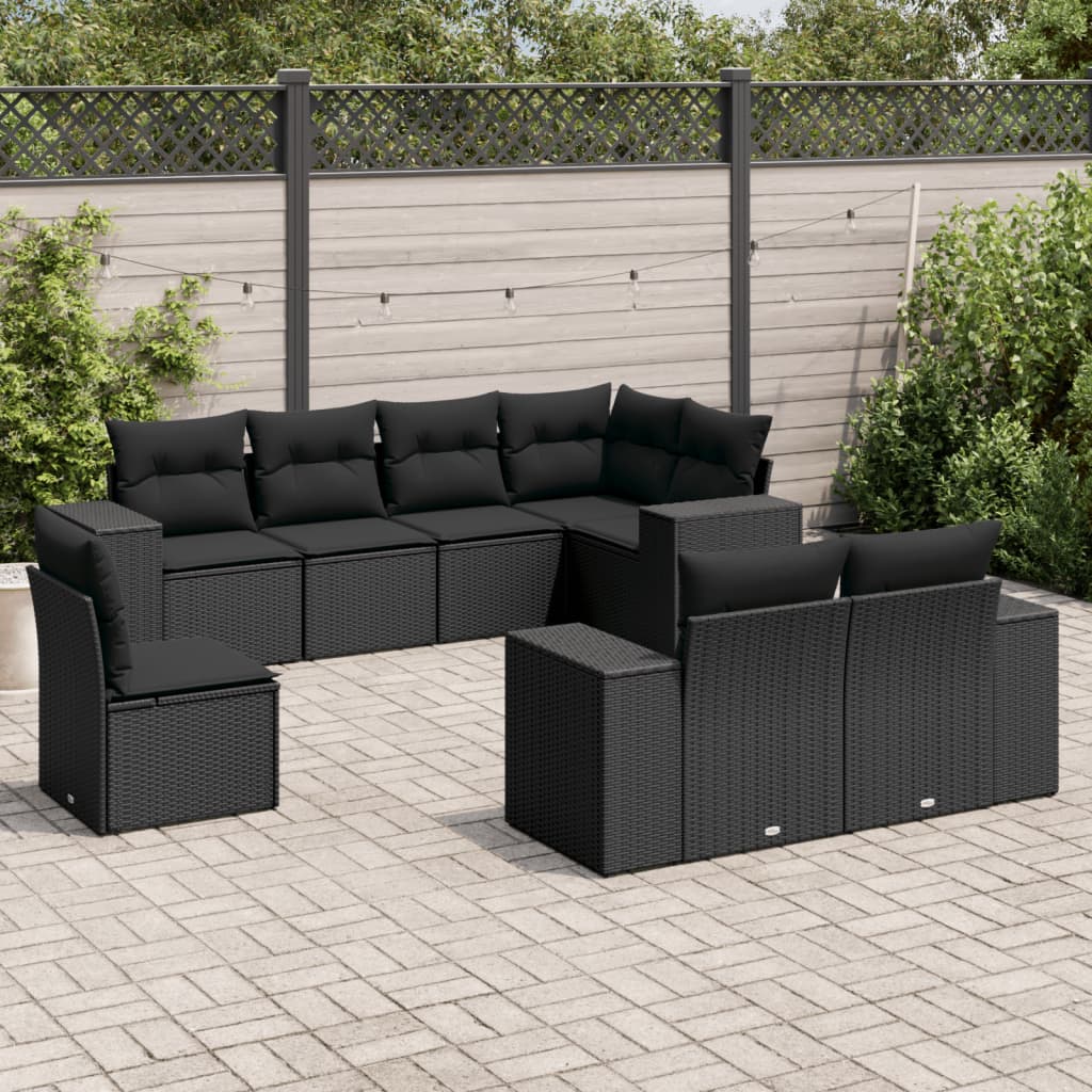 Salon de jardin 8 pcs avec coussins noir résine tressée