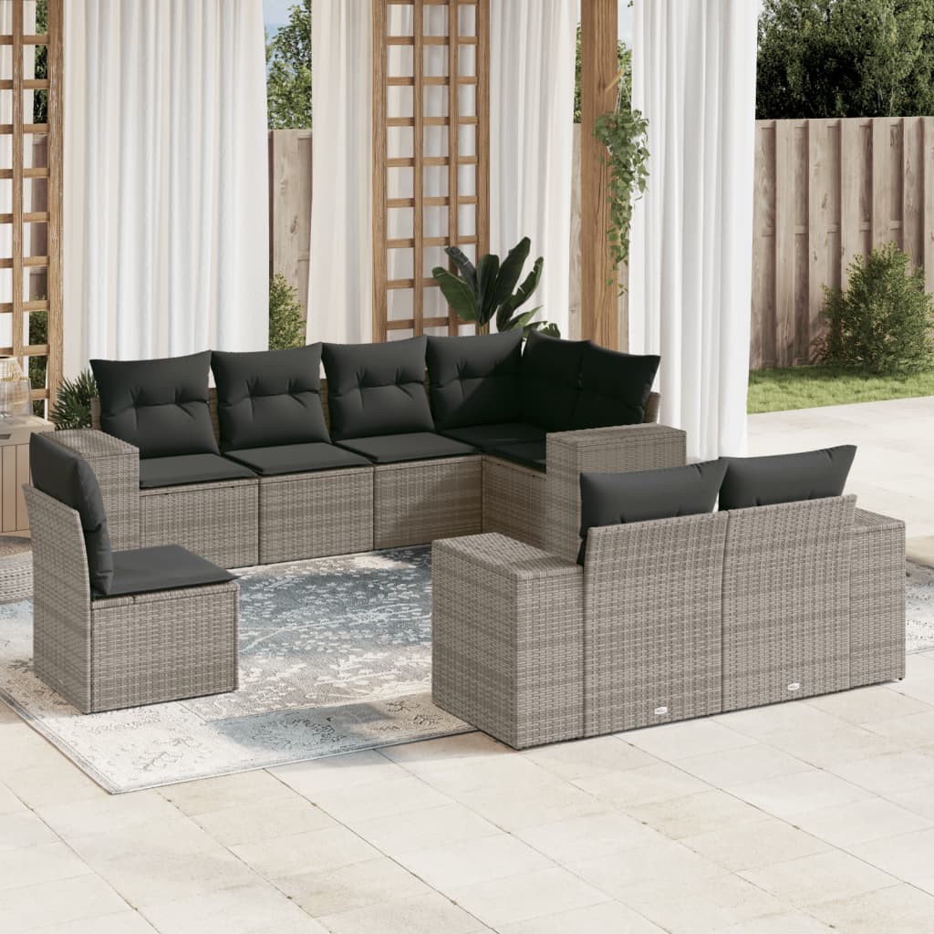 Salon de jardin 8 pcs avec coussins gris résine tressée