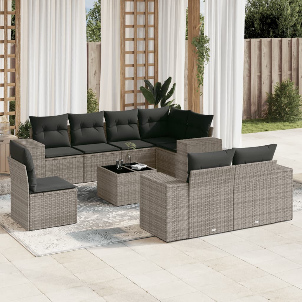 Salon de jardin 9 pcs avec coussins gris résine tressée