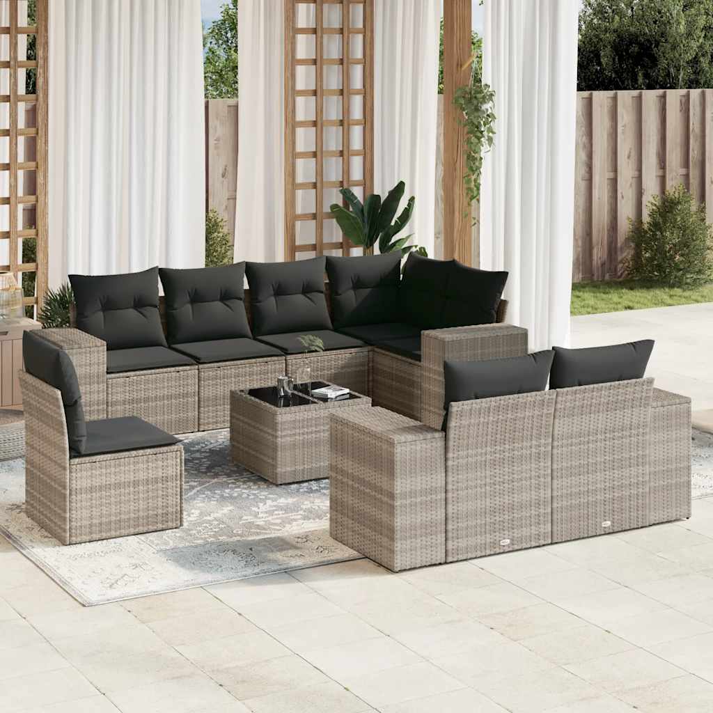 Salon de jardin 9 pcs avec coussins gris clair résine tressée