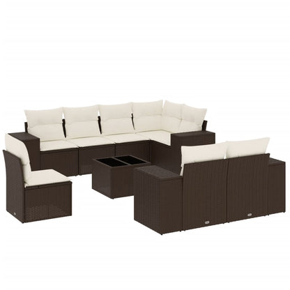 Salon de jardin avec coussins 9 pcs marron résine tressée