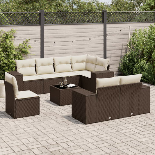 Salon de jardin avec coussins 9 pcs marron résine tressée