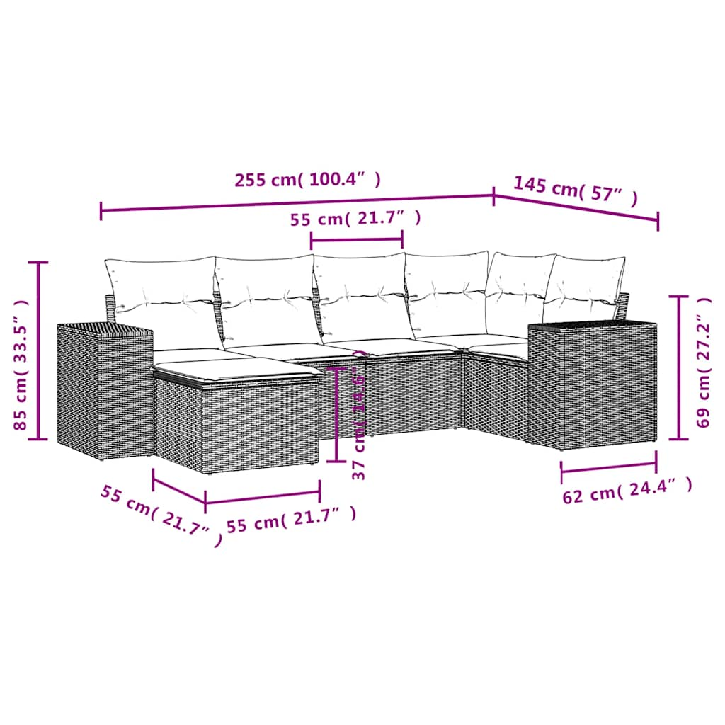 Salon de jardin avec coussins 6 pcs marron résine tressée