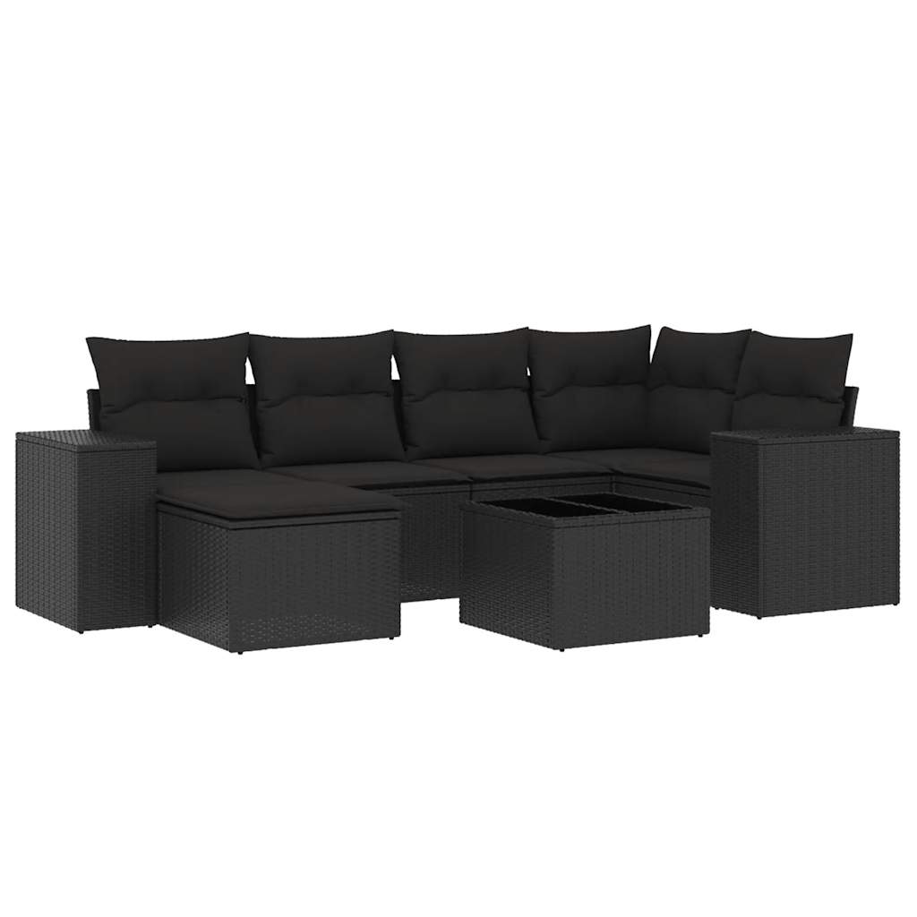 Salon de jardin 7 pcs avec coussins noir résine tressée