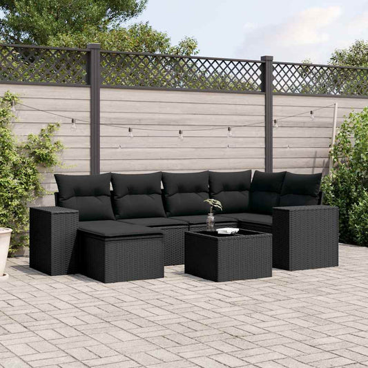 Salon de jardin 7 pcs avec coussins noir résine tressée