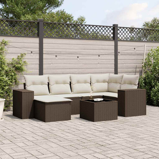 Salon de jardin avec coussins 7 pcs marron résine tressée