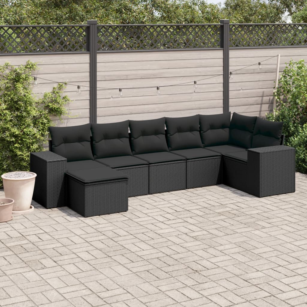 Salon de jardin 7 pcs avec coussins noir résine tressée